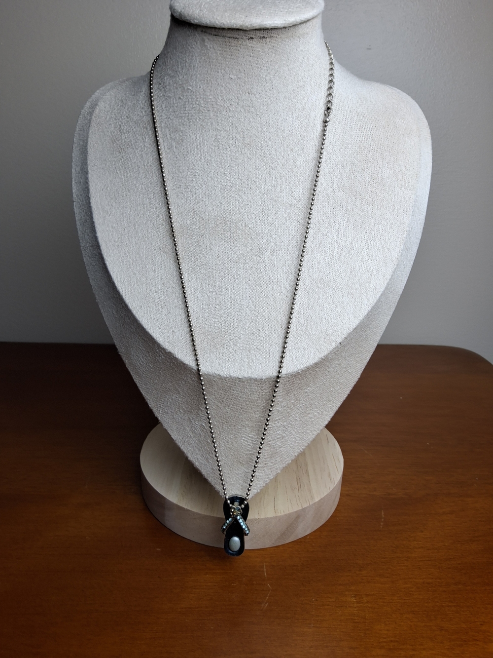 Silver-Tone Long Necklace with Black and White Teardrop Pendant